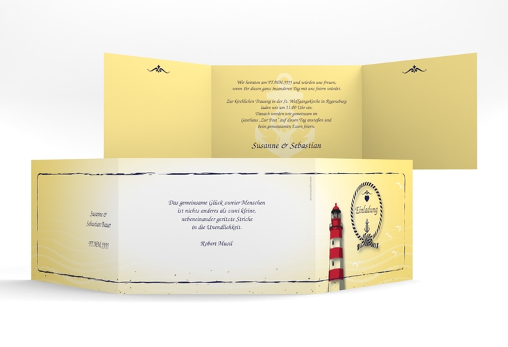 Hochzeitseinladung Sylt A6 Doppel-Klappkarte gelb hochglanz mit Leuchtturm
