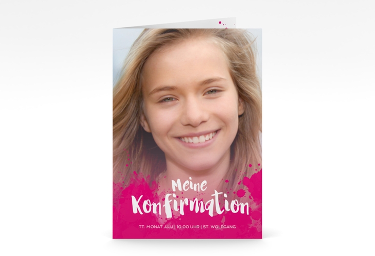 Einladung Konfirmation Urban A6 Klappkarte hoch pink hochglanz