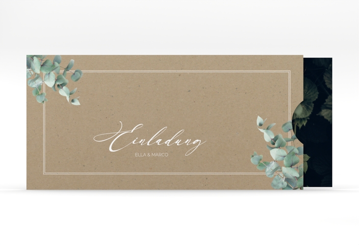 Hochzeitseinladung Eucalypt Einsteckkarte Kraftpapier hochglanz mit Eukalyptus und edlem Rahmen