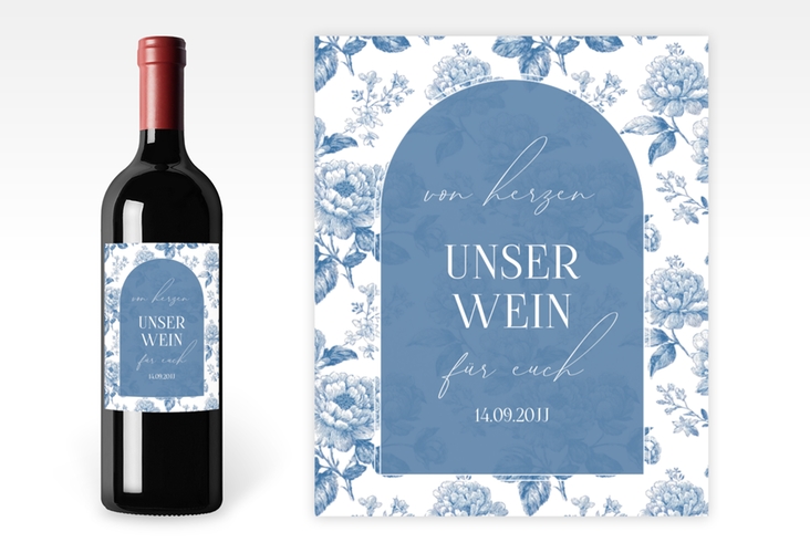 Weinetikett zur Hochzeit Blue Floral Etikett Weinflasche 4er Set blau mit blauem Blumenmuster auf weißem Grund