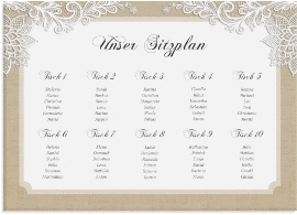 Klick: Details zu Sitzplan Leinwand Hochzeit "Lace" anzeigen Sitzplan Leinwand Hochzeit "Lace" 70 x 50 cm Leinwand beige