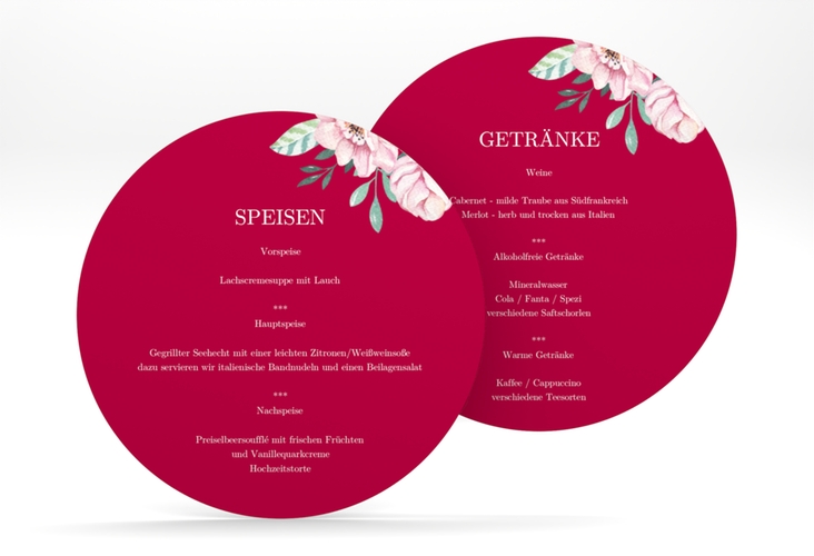Menükarte Hochzeit "Blooming" rund rot