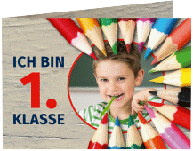 Klick: Details zu Einschulungskarte "Stiftesonne" anzeigen Einschulungskarte Stiftesonne A6 Klappkarte quer rot mit Kinderfoto