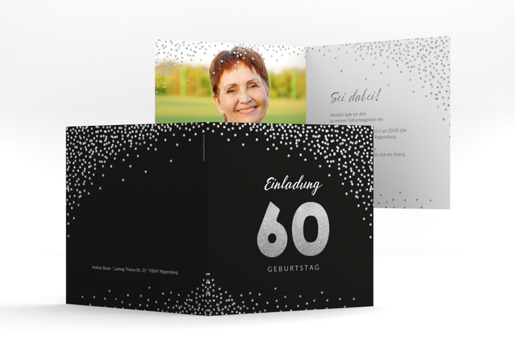 Einladung 60. Geburtstag Glitzer quadr. Klappkarte grau