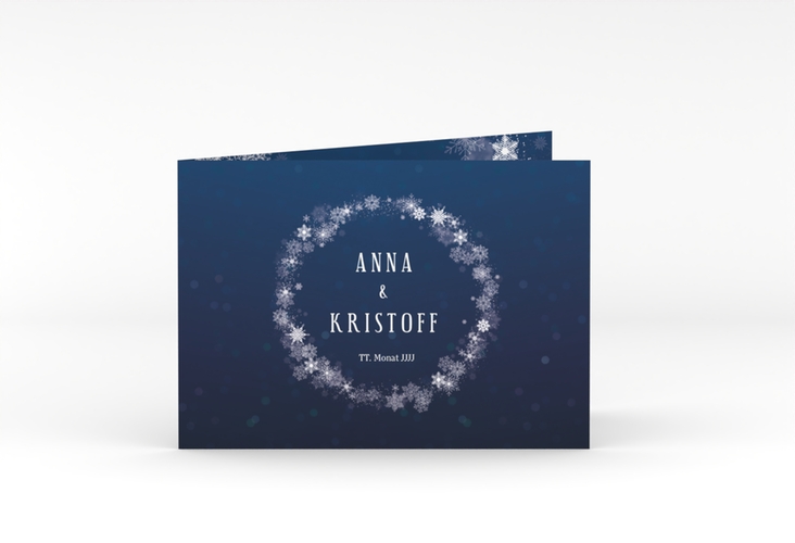 Hochzeitseinladung Winterdream A6 Klappkarte quer blau mit Eisblumen