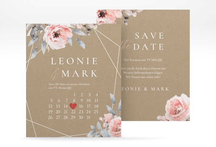Save the Date-Kalenderblatt Perfection Kalenderblatt-Karte Kraftpapier hochglanz mit rosa Rosen