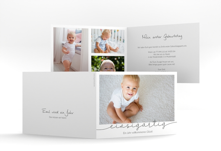 Einladungskarte Kindergeburtstag Einsigartig A6 Klappkarte quer weiss zum 1. Geburtstag mit Kinderfoto