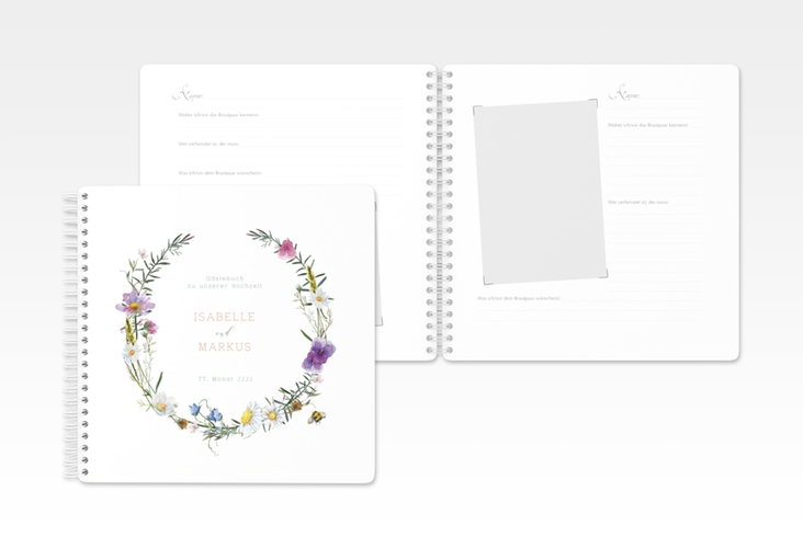 Gästebuch Hochzeit Blumengarten Ringbindung mit Blumenkranz und Hummel
