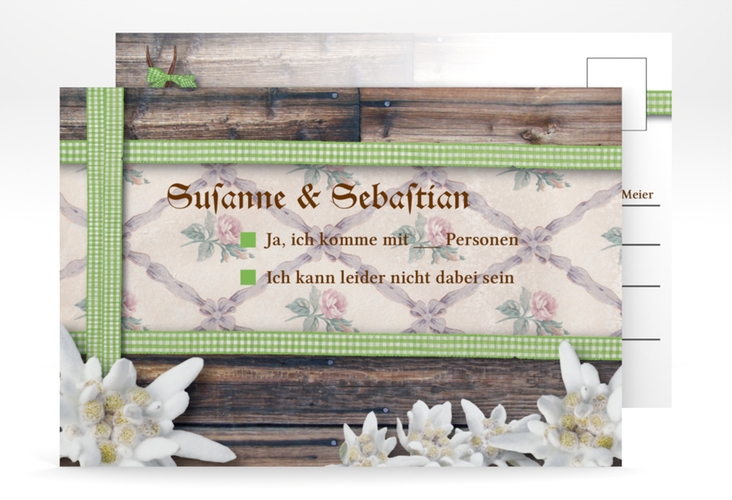 Antwortkarte Hochzeit Bayern A6 Postkarte gruen mit Edelweiß in rustikaler Holz-Optik