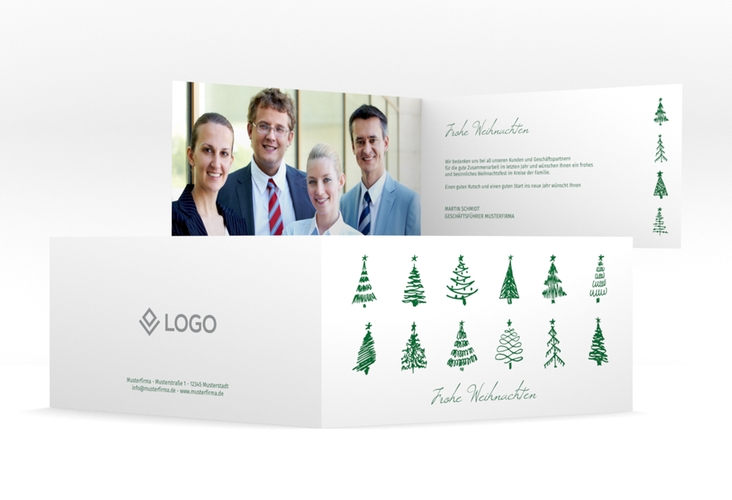 Geschäftliche Weihnachtskarte "Weihnachtshain" DIN lang Klappkarte mit gezeichneten Tannenbäumen