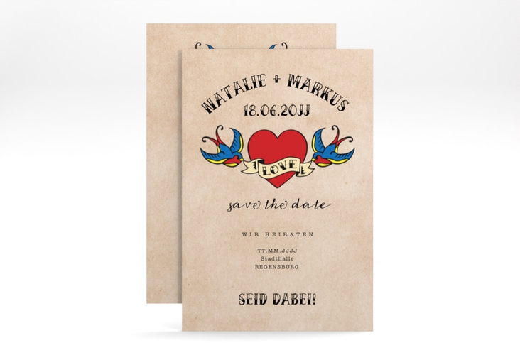 Save the Date-Karte Tattoo A6 Karte hoch mit Herz und zwei Schwalben