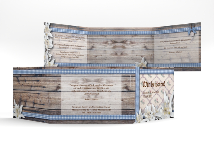 Einladungskarte Hochzeit Bayern A6 Doppel-Klappkarte blau mit Edelweiß in rustikaler Holz-Optik