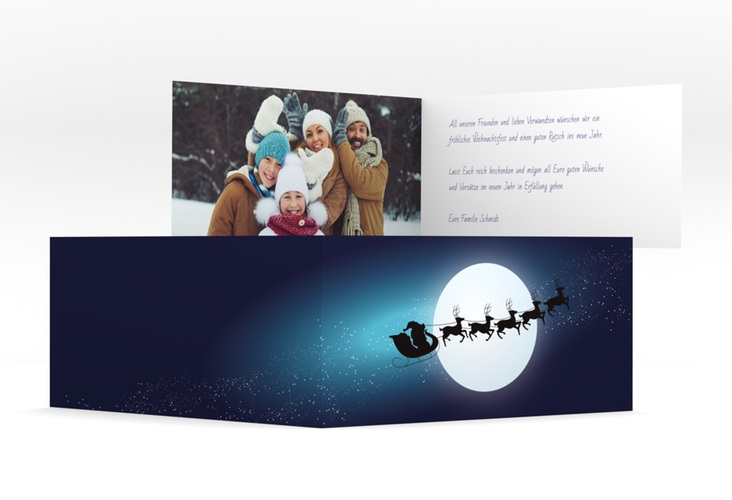 Weihnachtskarte "Santa" DIN lang Klappkarte dunkelblau mit fliegendem Rentierschlitten