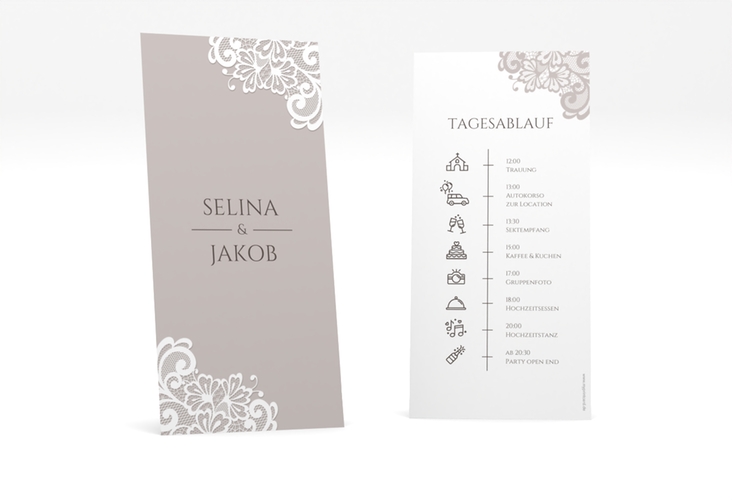Tagesablauf Hochzeit Vintage lange Karte hoch grau mit floraler Spitze