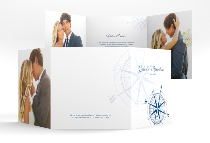Dankeskarte Hochzeit Windrose quadr. Doppel-Klappkarte blau