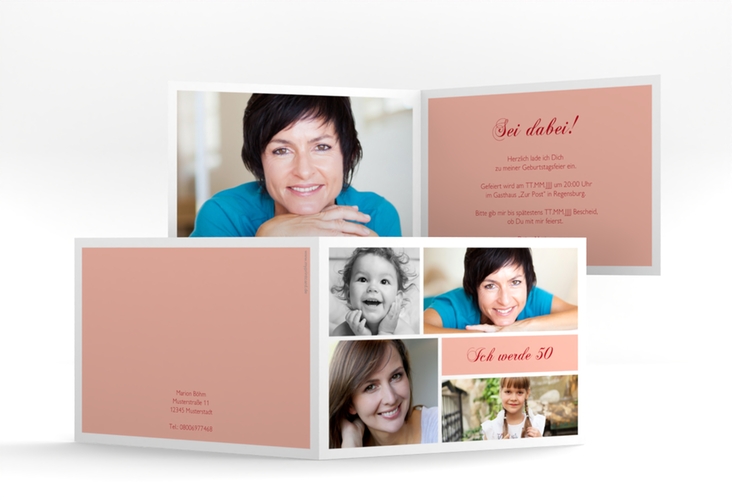 Einladung 50. Geburtstag Bilderserie A6 Klappkarte quer rosa hochglanz mit mehreren Fotos