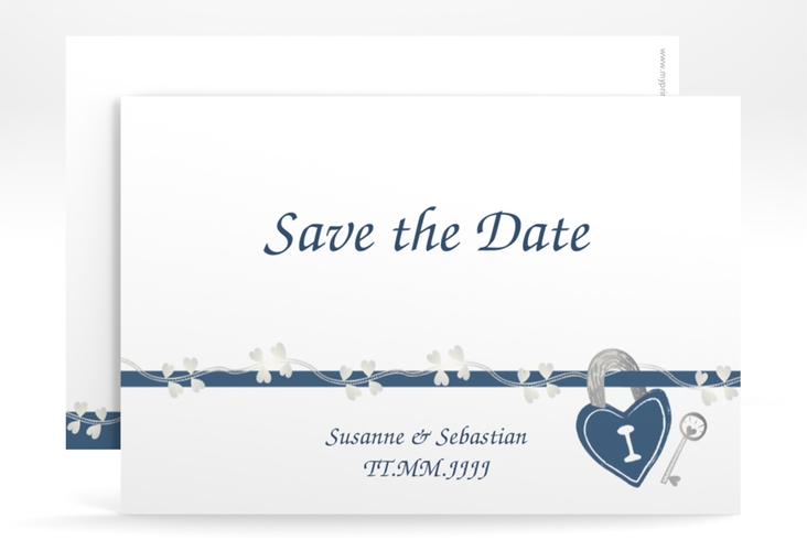 Save the Date-Karte Hochzeit Oviedo A6 Karte quer blau hochglanz mit Schloss und Schlüssel