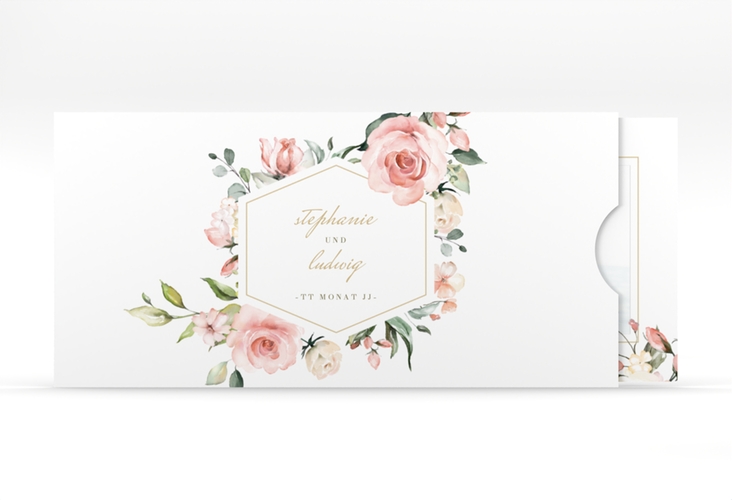 Hochzeitseinladung Graceful Einsteckkarte weiss mit Rosenblüten in Rosa und Weiß