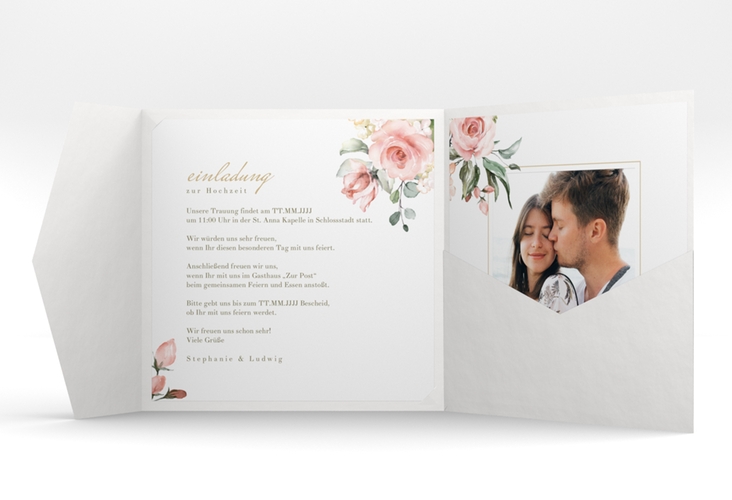 Hochzeitseinladung Graceful Pocketfold weiss hochglanz mit Rosenblüten in Rosa und Weiß