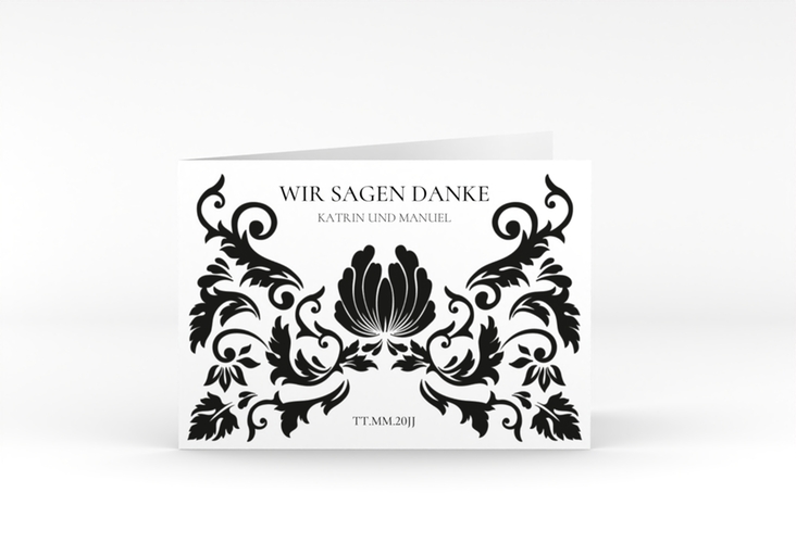 Danksagungskarte Hochzeit Royal A6 Klappkarte quer weiss hochglanz mit barockem Blumen-Ornament