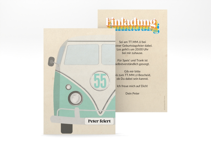 Einladung Retrobus A6 Karte hoch bunt