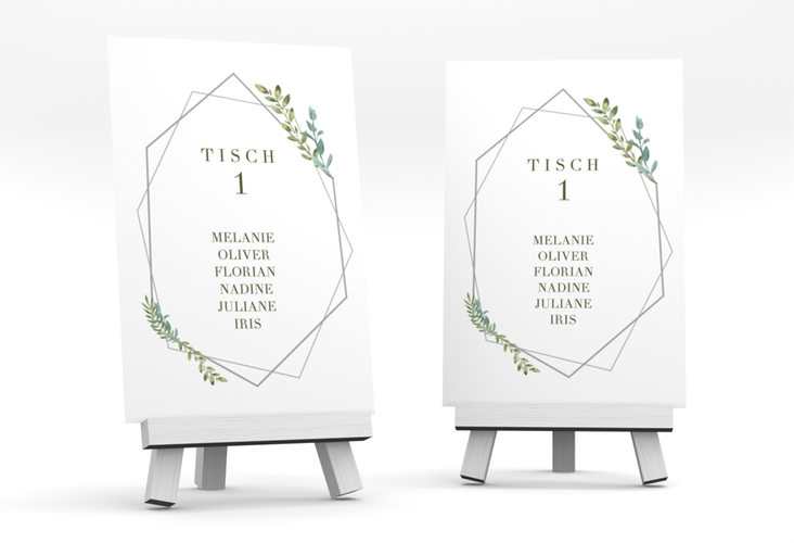 Tischaufsteller Hochzeit Herbarium Tischaufsteller grau mit geometrischem Rahmen und Blätter-Dekor