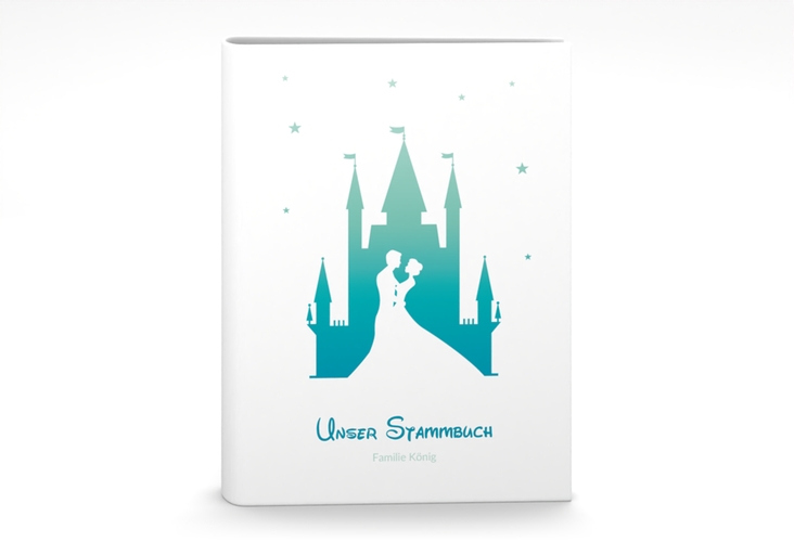 Stammbuch A5 Castle Stammbuch A5 tuerkis mit Silhouette von Märchenschloss mit Prinz und Prinzessin