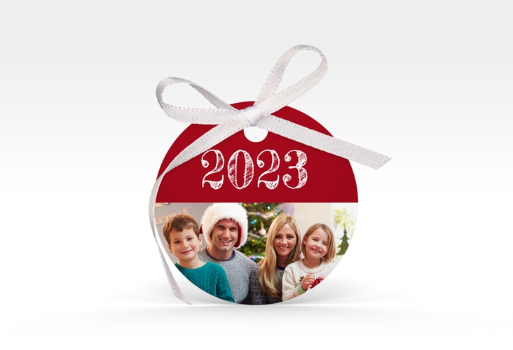 Geschenkanhänger Weihnachten Besinnlichkeit Geschenkanhänger, rund rot hochglanz zum Personalisieren mit Jahreszahl und Foto