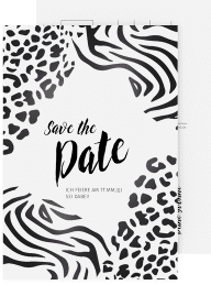 Save the Date-Postkarte Geburtstag Wild A6 Postkarte weiss mit Animal Prints von Zebra und Leopard