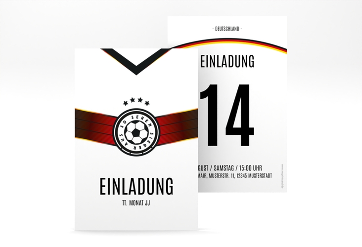Party Einladungskarte Fussballfieber A6 Karte hoch im Nationaltrikot-Design