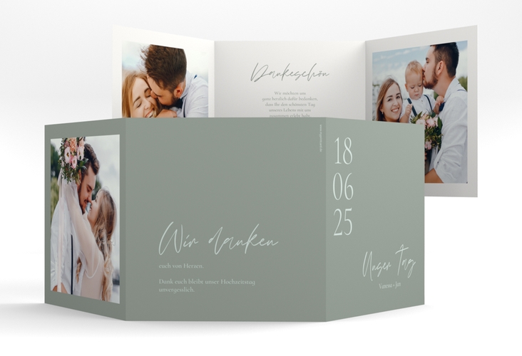 Dankeskarte Hochzeit Day quadr. Doppel-Klappkarte gruen mit Datum im minimalistischen Design