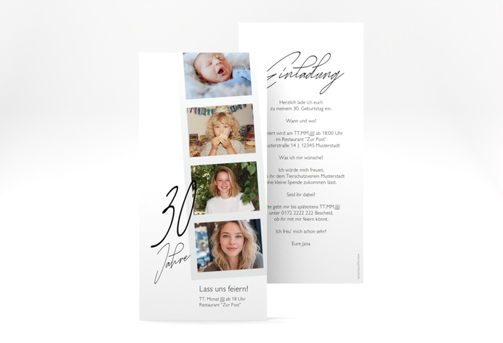 Einladung 30. Geburtstag Fotostreifen lange Karte hoch weiss