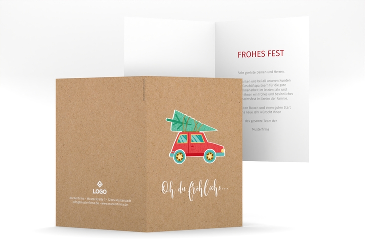 Business-Weihnachtskarte Weihnachtslust A6 Klappkarte hoch Kraftpapier hochglanz humorvoll mit Christbaum auf Auto