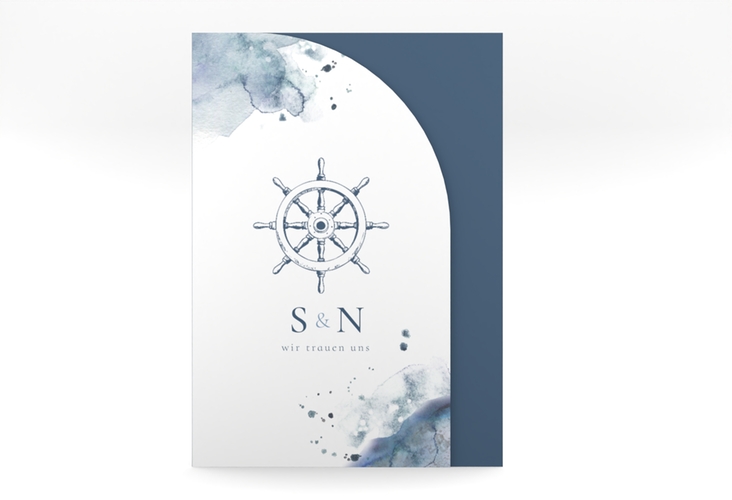 Hochzeitseinladung Steuerrad mittlere Bogen-Wickelfalzkarte blau in maritimen Blautönen