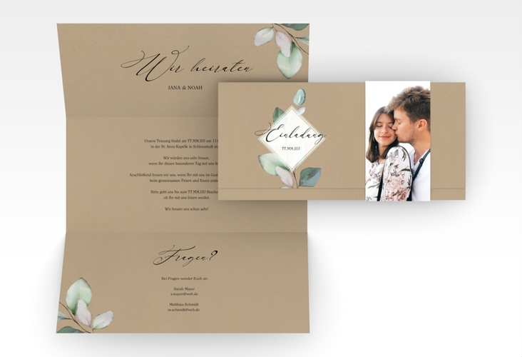Hochzeitseinladung Foglia Wickelfalzkarte + Banderole Kraftpapier hochglanz edel mit Eukalyptus im Aquarell-Design