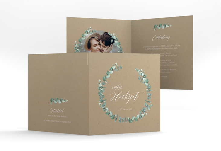 Hochzeitseinladung Silverleaf quadr. Klappkarte Kraftpapier hochglanz mit Eukalyptus-Zweig