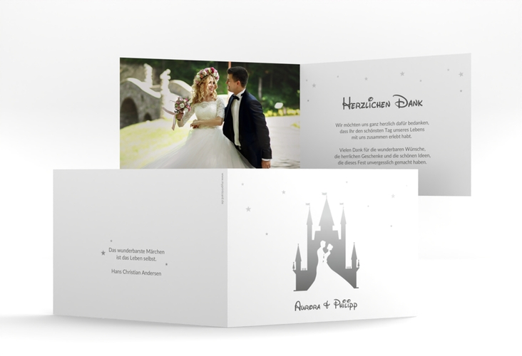 Danksagungskarte Hochzeit Castle A6 Klappkarte quer grau