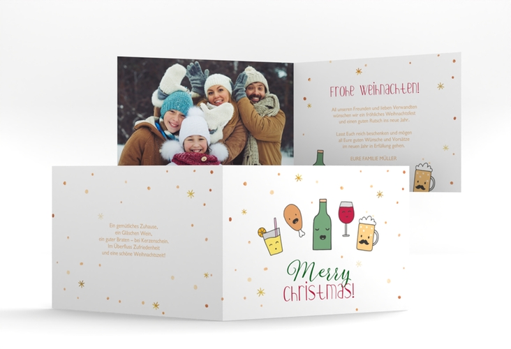 Weihnachtskarte Gaumenfreude A6 Klappkarte quer hochglanz mit beschwipsten Getränken im Cartoon-Stil