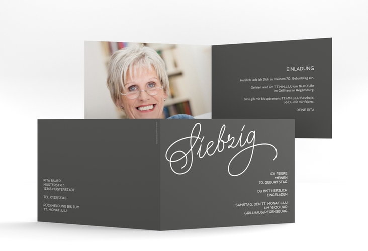 Einladung 70. Geburtstag Schwungvoll A6 Klappkarte quer grau