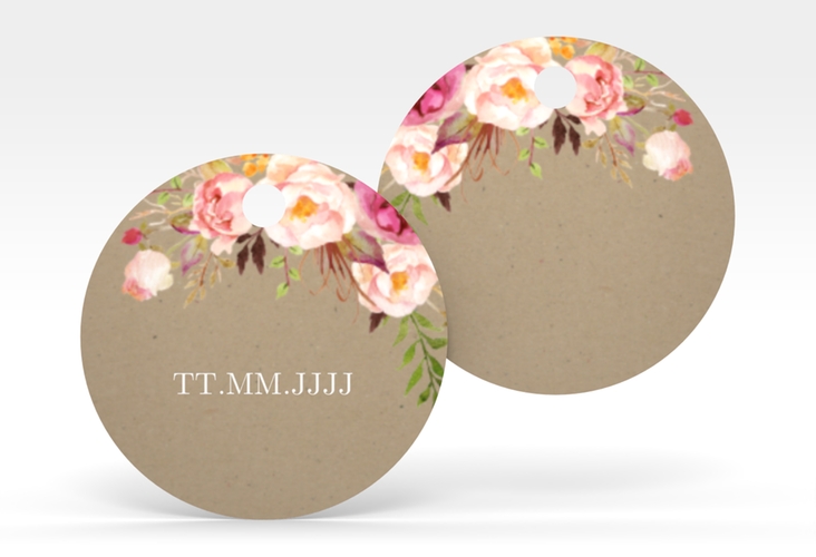 Geschenkanhänger Hochzeit Flowers Geschenkanhänger, rund Kraftpapier mit bunten Aquarell-Blumen