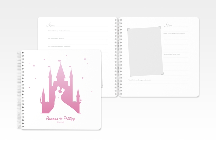 Gästebuch Hochzeit Castle Ringbindung rosa mit Silhouette von Märchenschloss mit Prinz und Prinzessin