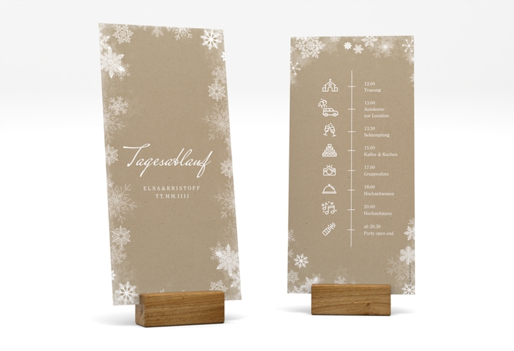 Tagesablauf Hochzeit Snowfall lange Karte hoch mit Schneeflocken für Winterhochzeit