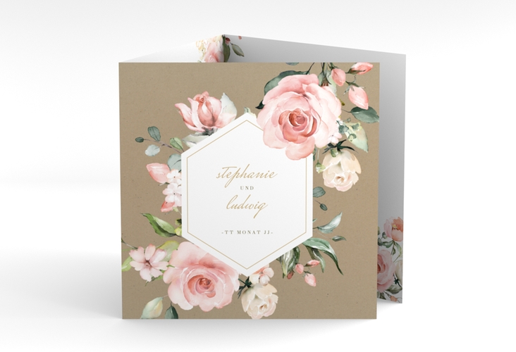 Dankeskarte Hochzeit Graceful quadr. Doppel-Klappkarte Kraftpapier mit Rosenblüten in Rosa und Weiß