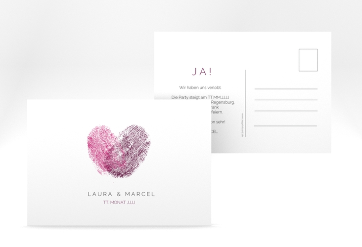 Verlobungskarte Hochzeit Fingerprint A6 Postkarte pink schlicht mit Fingerabdruck-Motiv