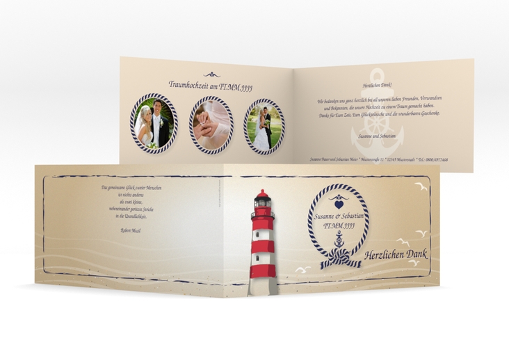 Danksagungskarte Hochzeit Sylt lange Klappkarte quer mit Leuchtturm