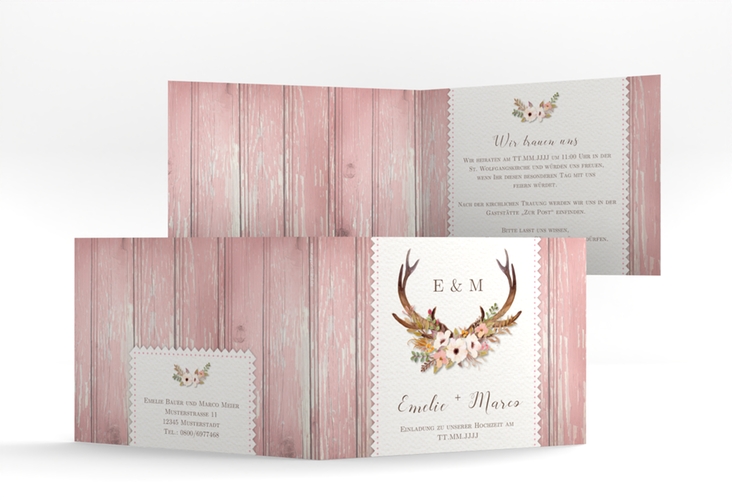 Hochzeitseinladung Heimatjuwel A6 Klappkarte quer rosa hochglanz mit Hirschgeweih und Holz-Hintergrund
