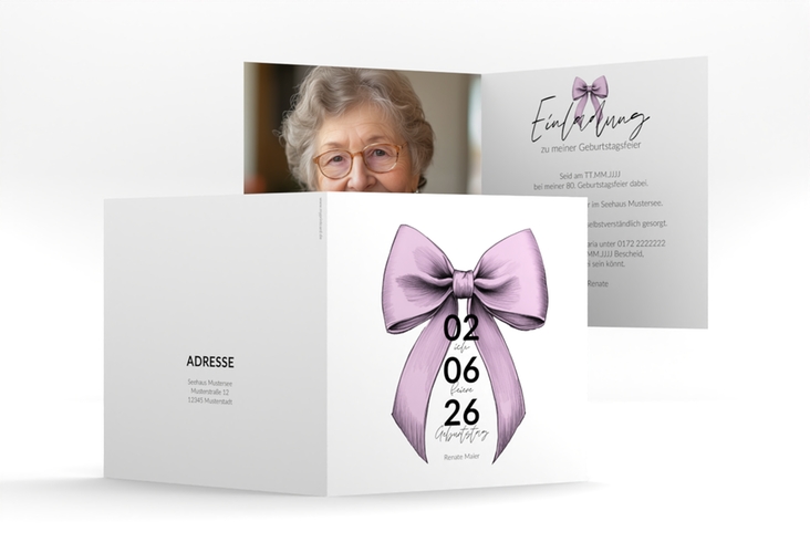 Einladung 80. Geburtstag Geburtstagsschleife quadr. Klappkarte rosa