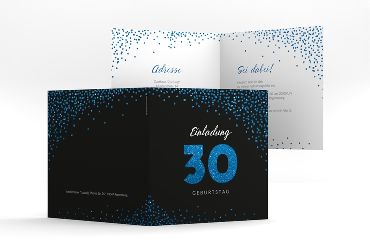 Einladung 30. Geburtstag Glitzer quadr. Klappkarte blau