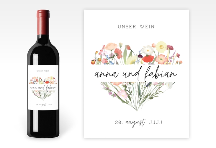 Weinetikett zur Hochzeit Wildblumenherz Etikett Weinflasche 4er Set bunt