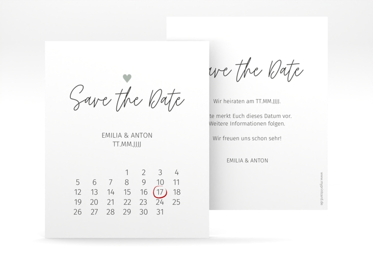 Save the Date-Kalenderblatt Herzschlag Kalenderblatt-Karte weiss schlicht und elegant mit Herzchen